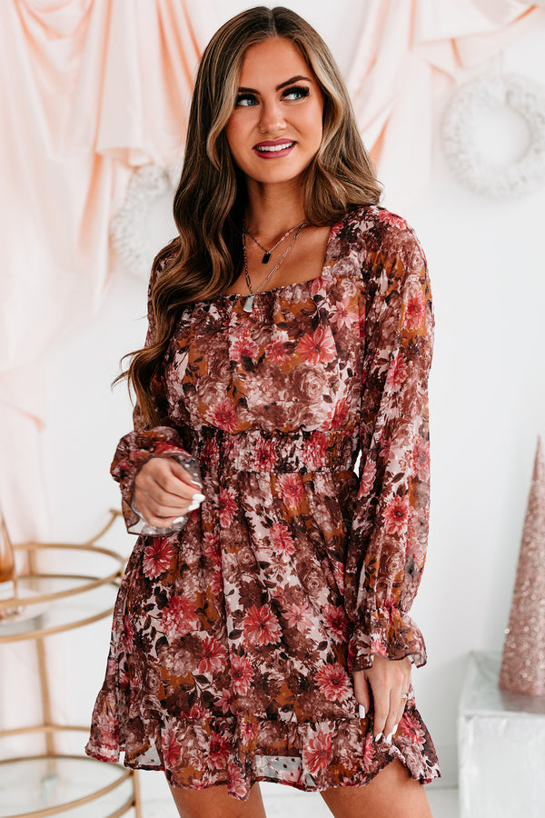 Season Of Sweetness Floral Long Sleeve Mini Dress (Brown/Brick) - NanaMacs