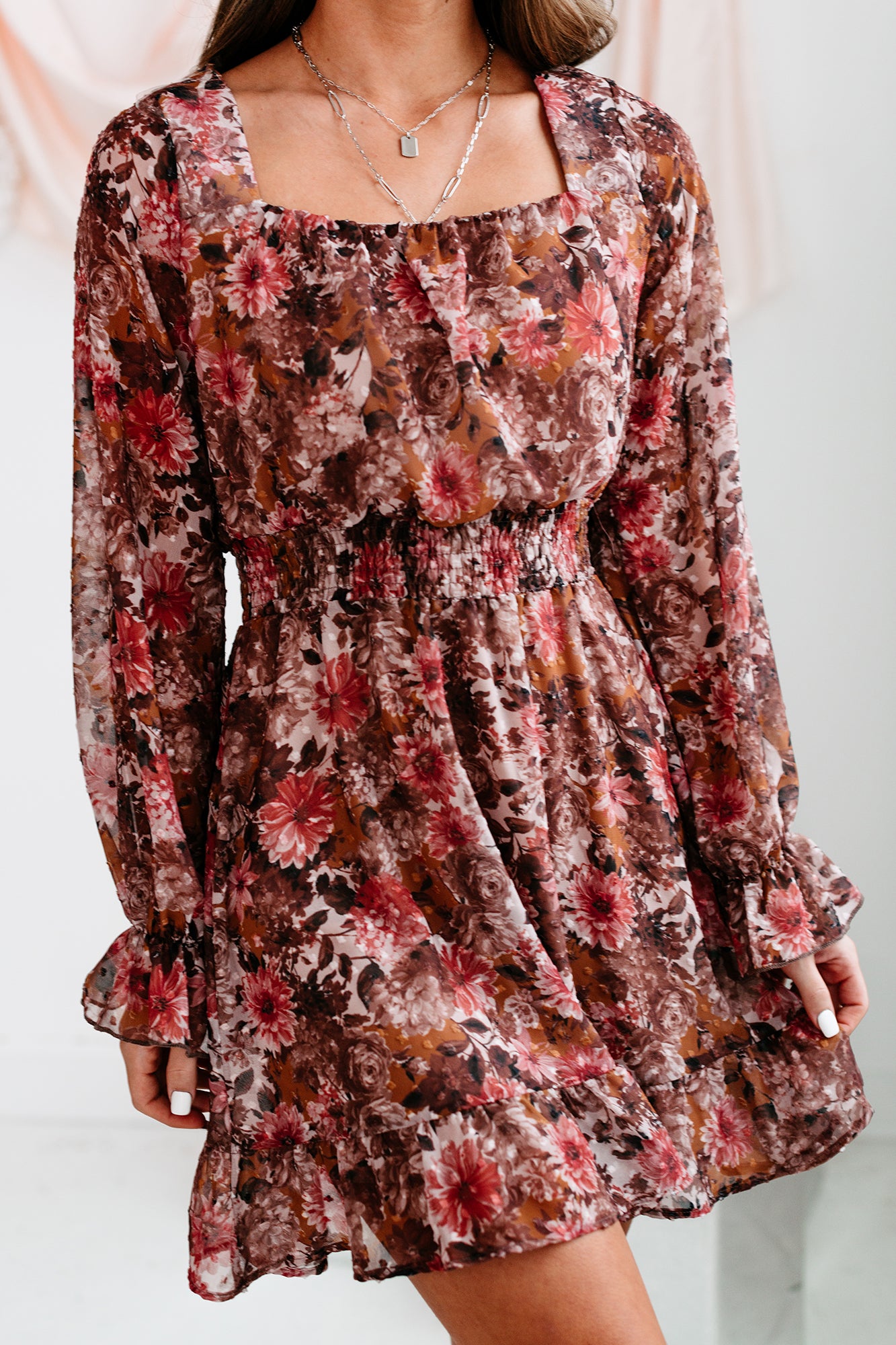 Season Of Sweetness Floral Long Sleeve Mini Dress (Brown/Brick) - NanaMacs