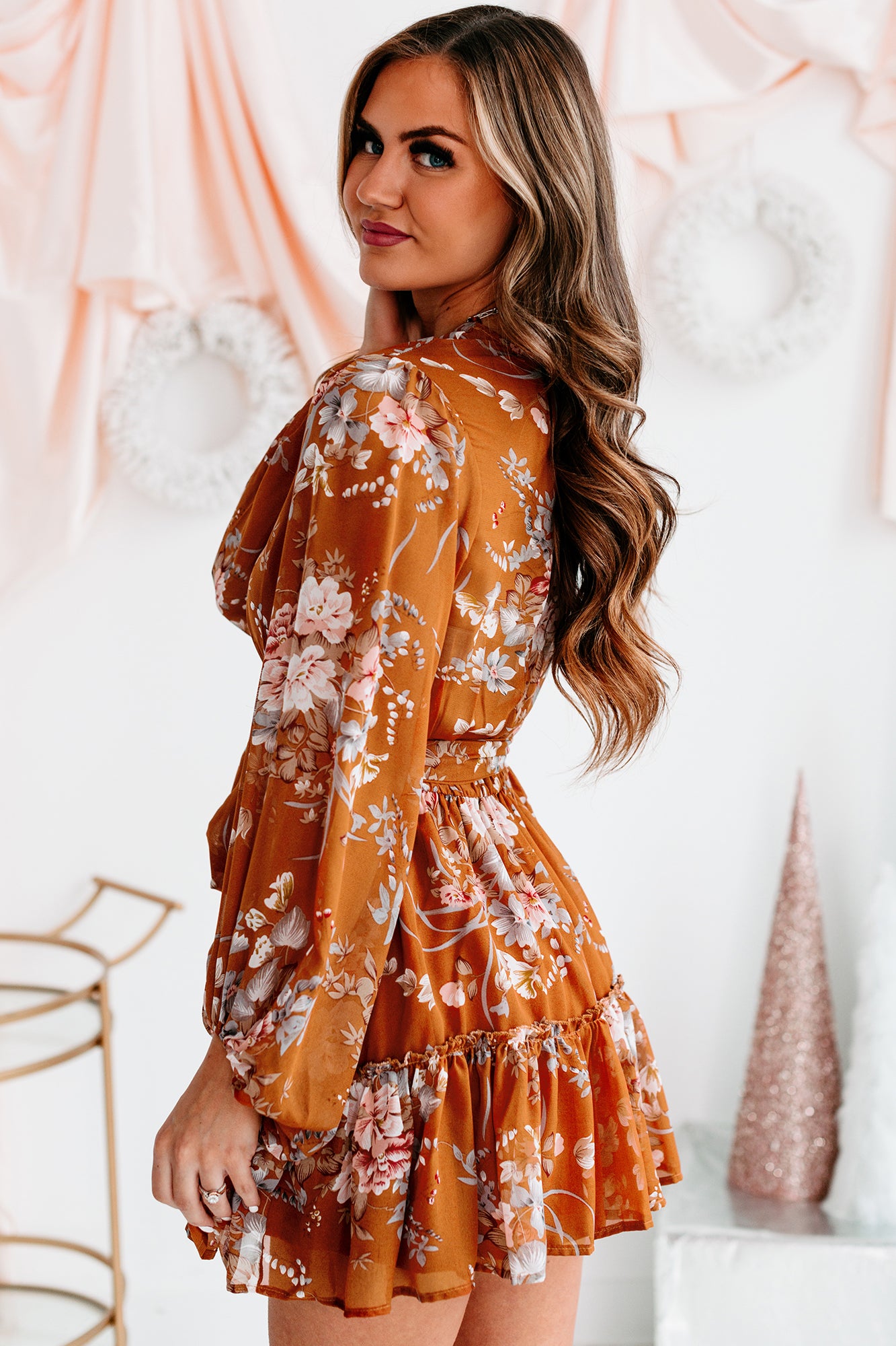 Simply Flourishing Long Sleeve Floral Mini Dress (Rust) - NanaMacs