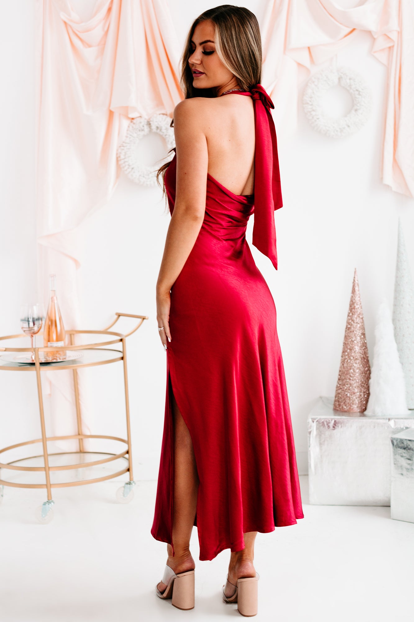 Red Carpet Reveal Satin Halter Midi Dress (Burgundy) - NanaMacs