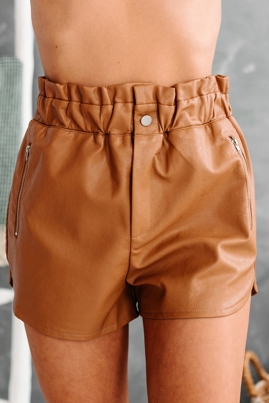 Good Timing Faux Leather Shorts (Tan) - NanaMacs