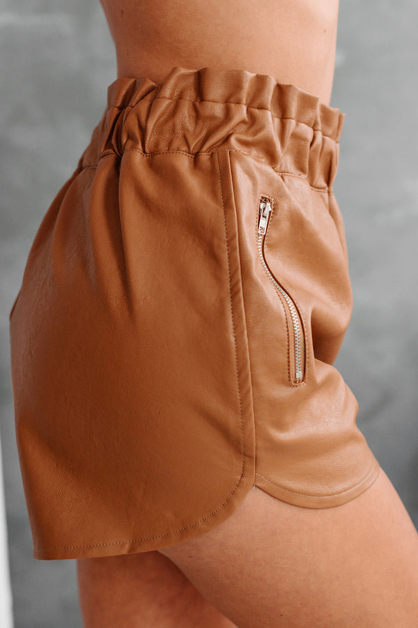 Good Timing Faux Leather Shorts (Tan) - NanaMacs