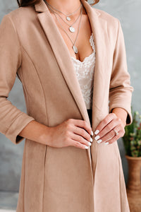 City Girl Chic Faux Suede Open Front Coat (Almond) - NanaMacs