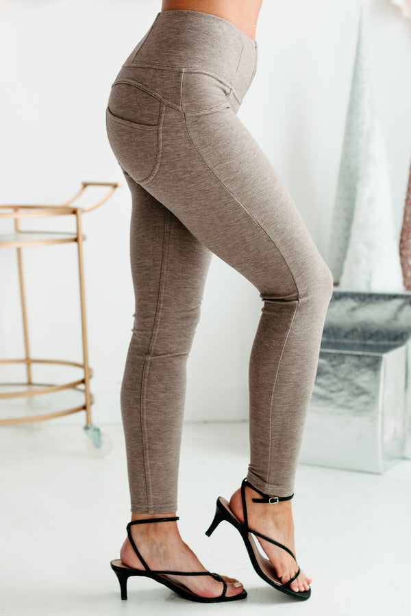 Watch Me Leave Zipper Front Fleece Lined Booty Contour Leggings (Taupe) - NanaMacs