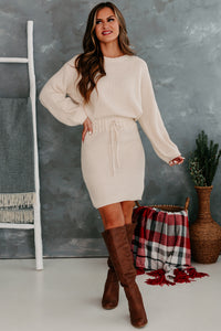 Enhanced Beauty Drawstring Waist Sweater Dress (Cream) - NanaMacs