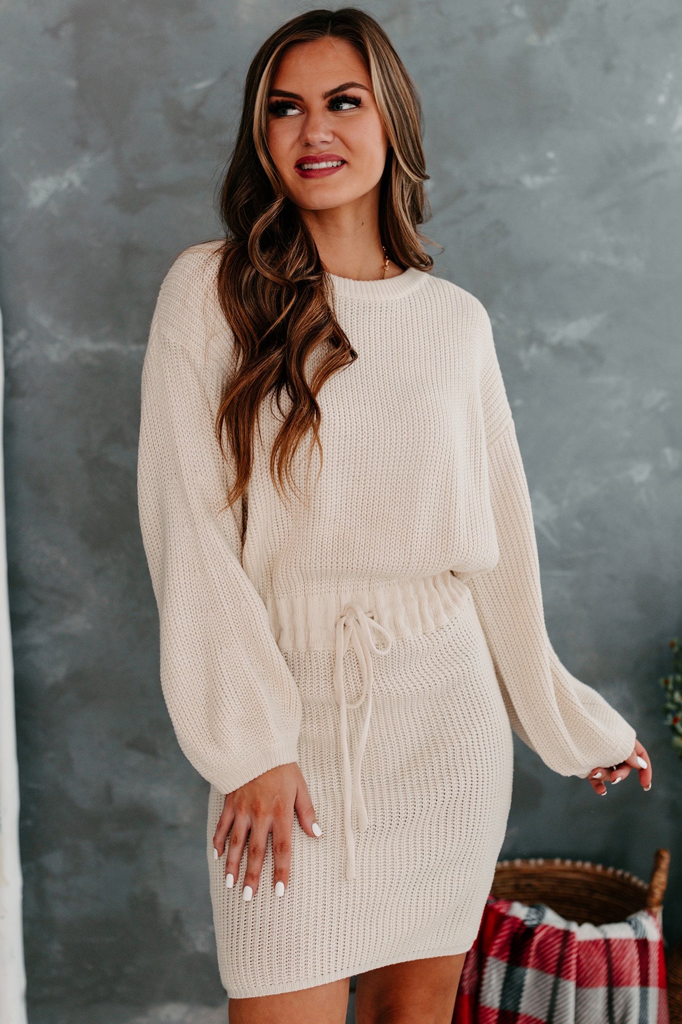 Enhanced Beauty Drawstring Waist Sweater Dress (Cream) - NanaMacs