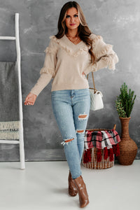 Feeling Fringy V-Neck Fringe Detail Sweater (Beige) - NanaMacs