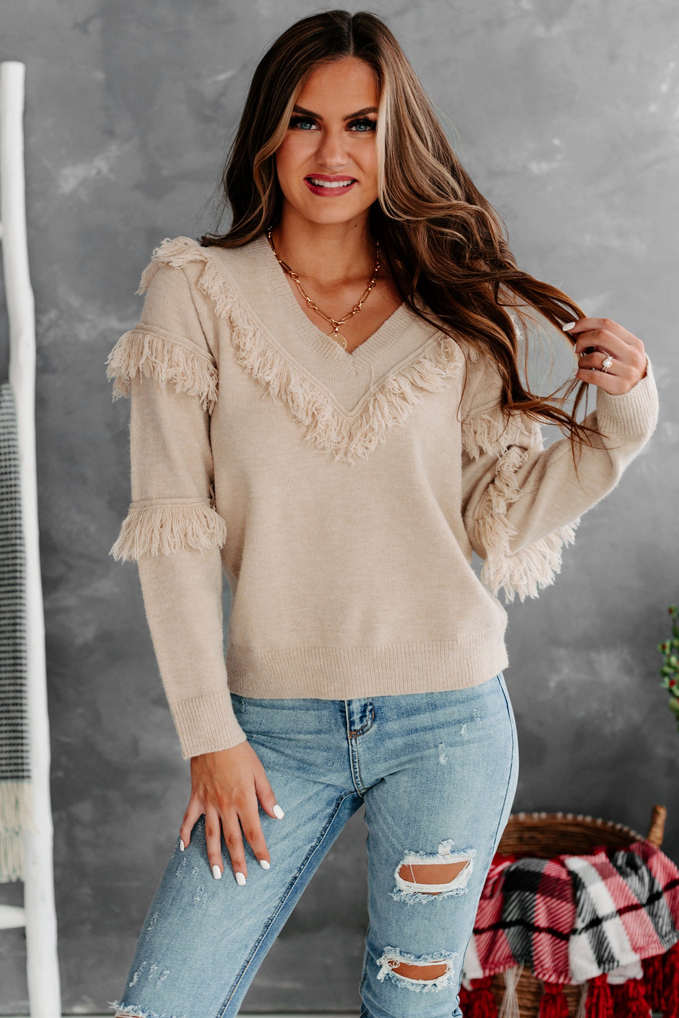 Feeling Fringy V-Neck Fringe Detail Sweater (Beige) - NanaMacs