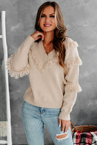 Feeling Fringy V-Neck Fringe Detail Sweater (Beige) - NanaMacs