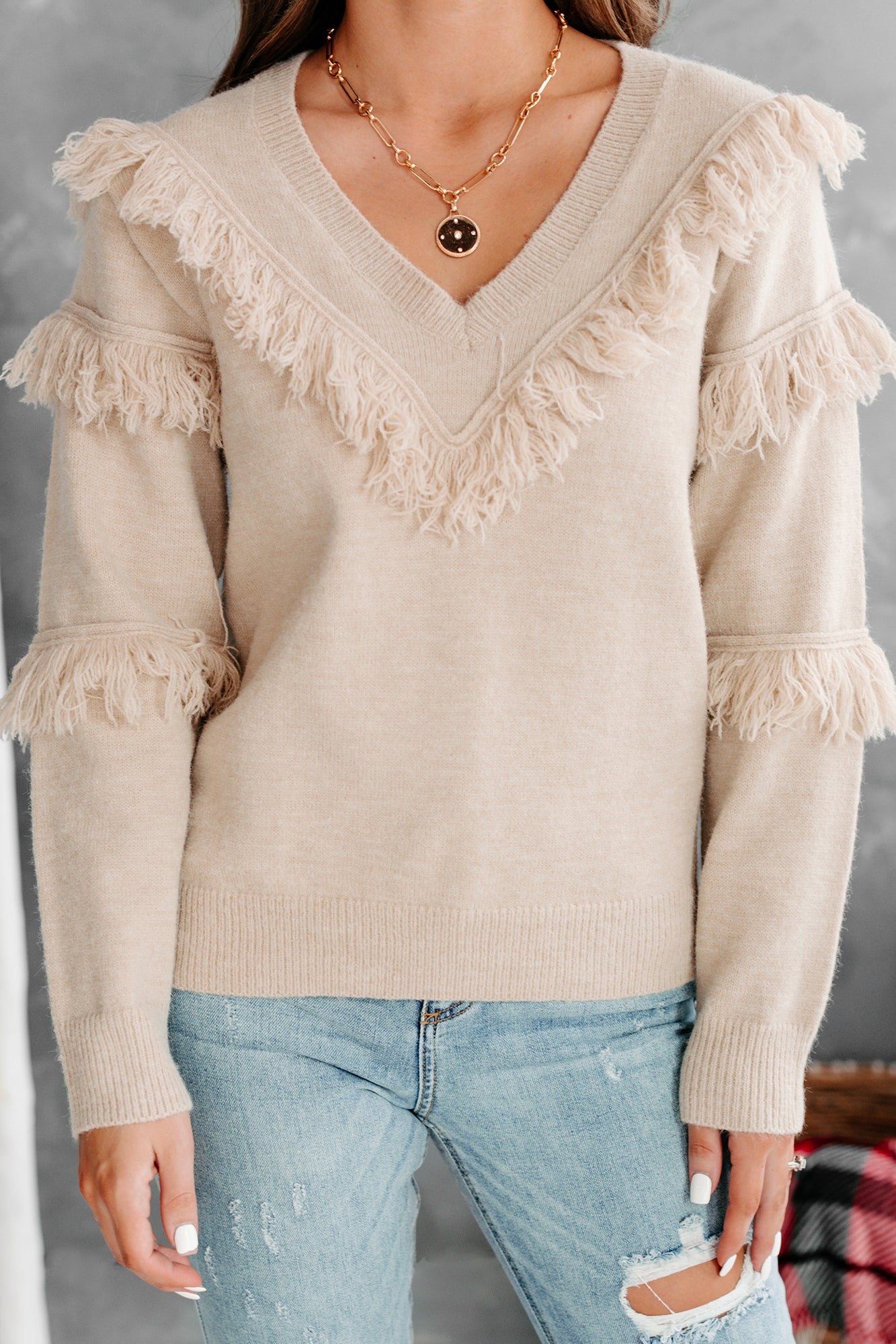 Feeling Fringy V-Neck Fringe Detail Sweater (Beige) - NanaMacs