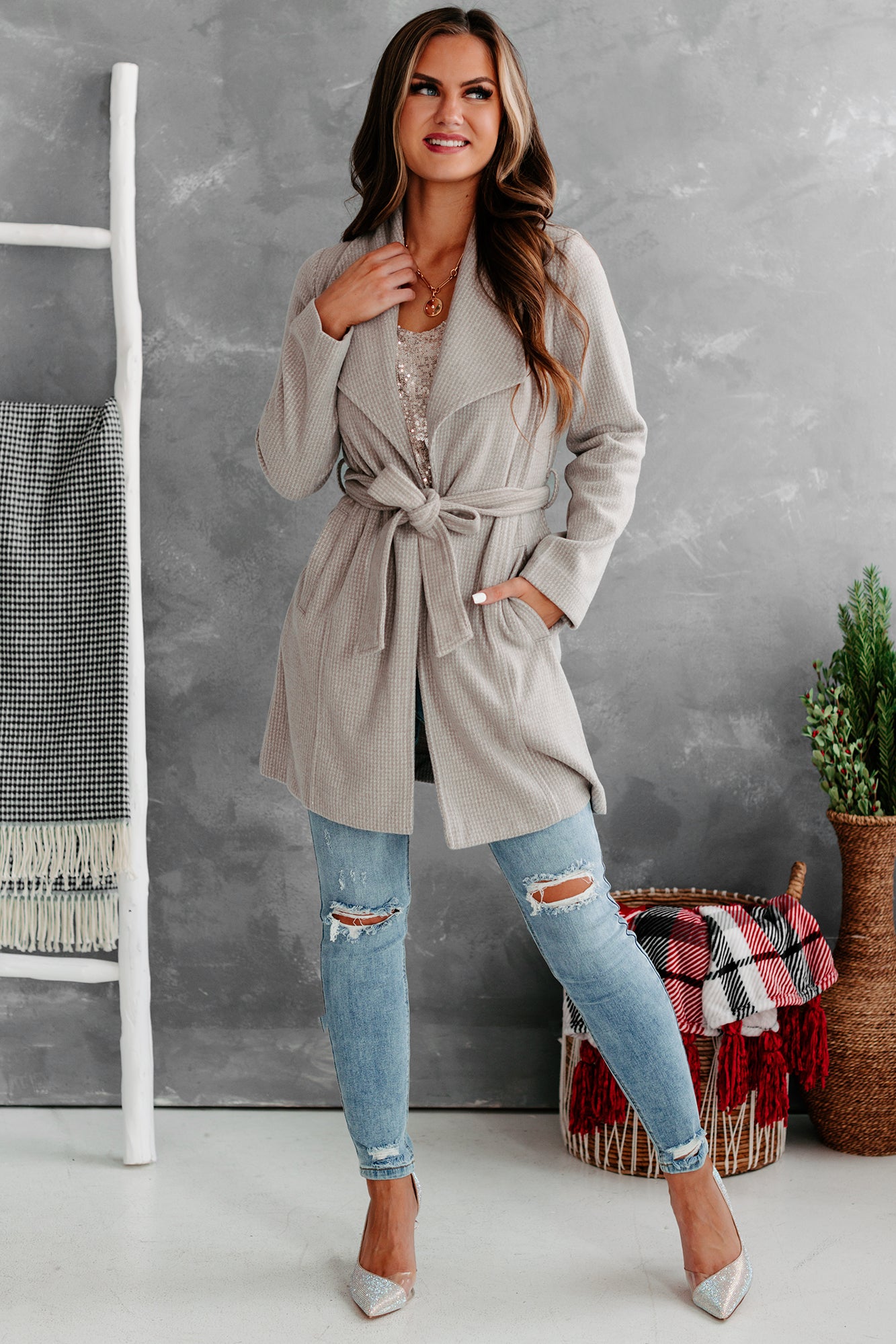 Flynn Patterned Open Front Coat (Earth Grey) - NanaMacs