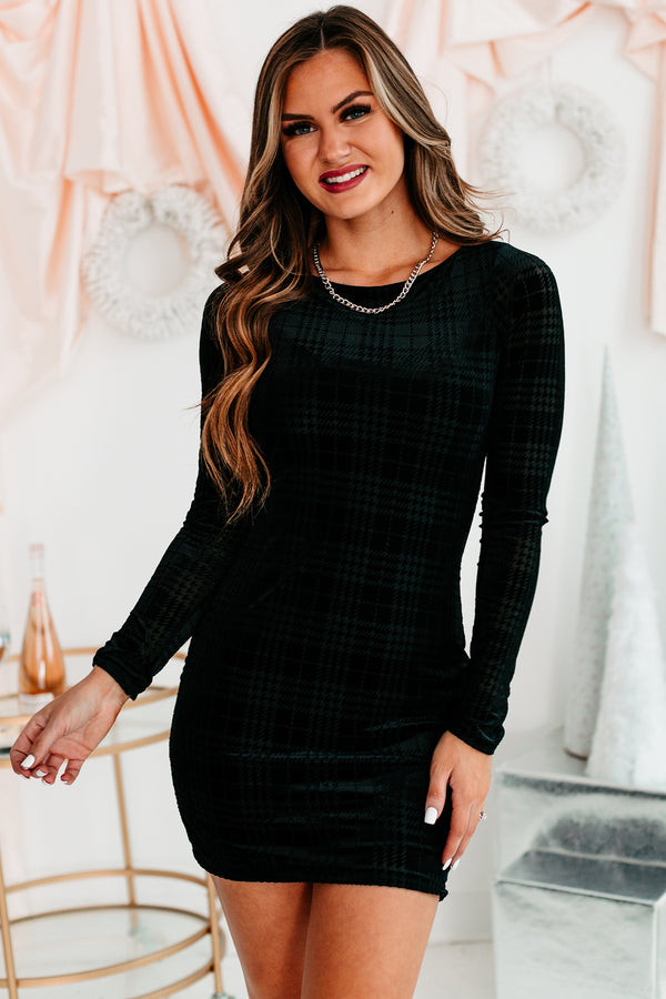 Perfect Storm Velvet Plaid Mini Dress (Black) - NanaMacs