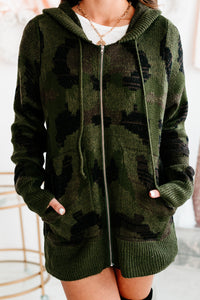 "Coming Up Camo" Camo Knit Zip-Up Hoodie (Army Green) - NanaMacs