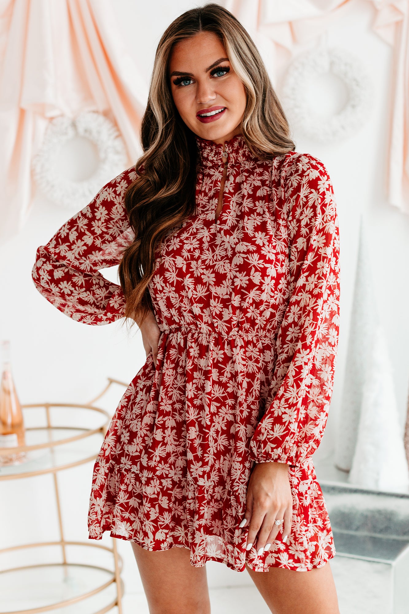 Endless Devotion Long Sleeve Floral Mini Dress (Red/White) - NanaMacs