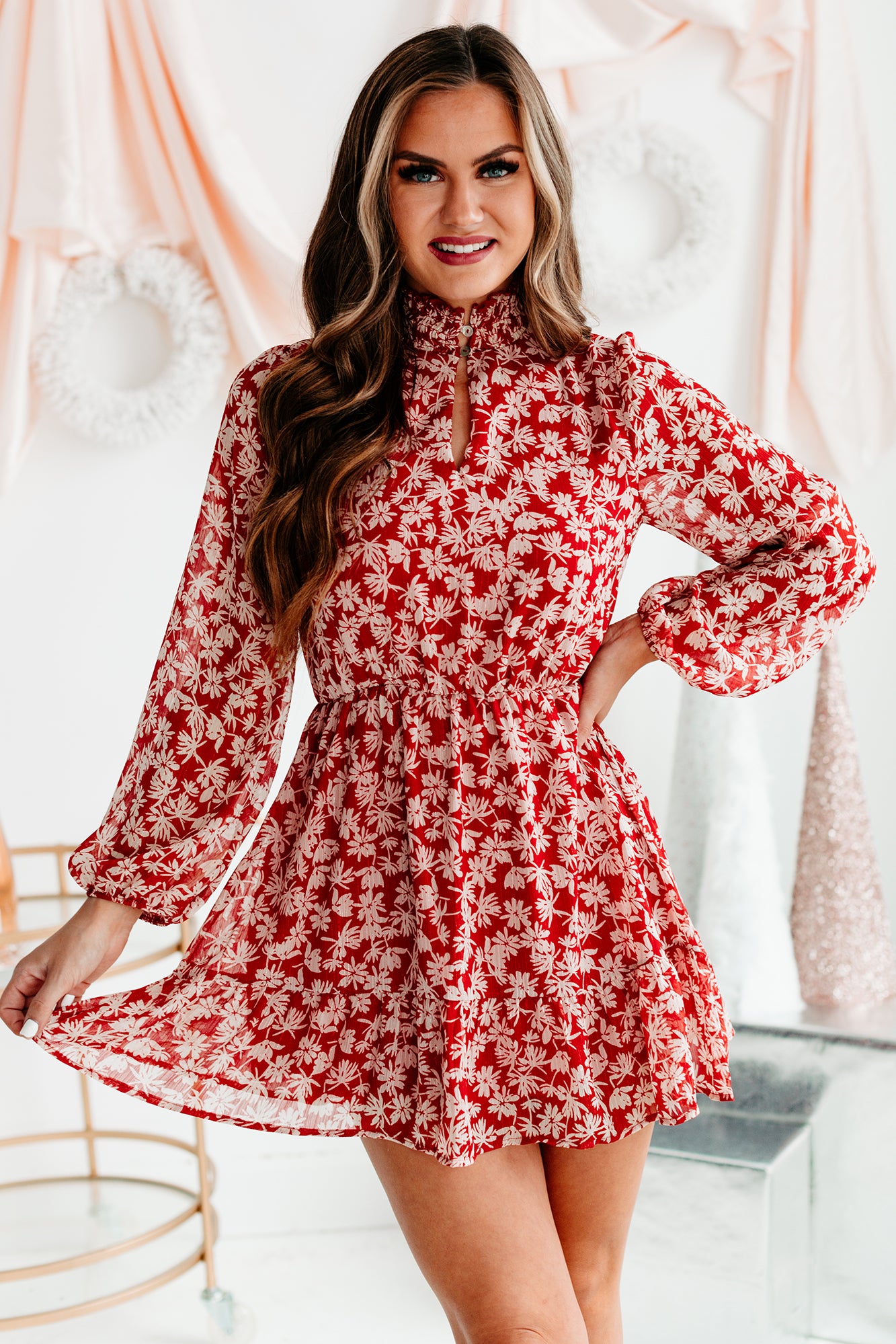 Endless Devotion Long Sleeve Floral Mini Dress (Red/White) - NanaMacs