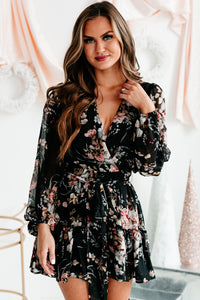 Simply Flourishing Long Sleeve Floral Mini Dress (Black) - NanaMacs