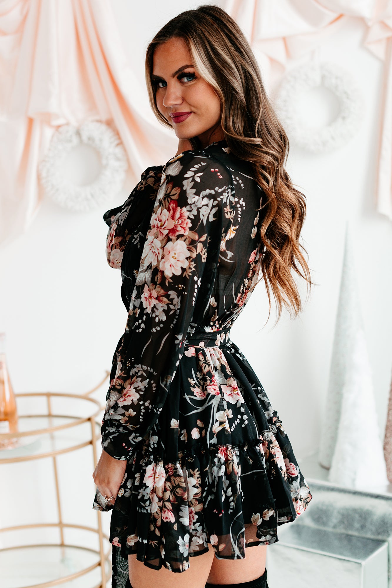 Simply Flourishing Long Sleeve Floral Mini Dress (Black) - NanaMacs