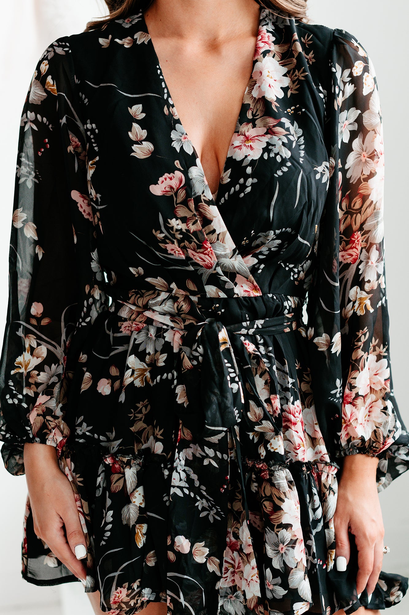 Simply Flourishing Long Sleeve Floral Mini Dress (Black) - NanaMacs