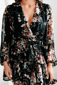 Simply Flourishing Long Sleeve Floral Mini Dress (Black) - NanaMacs