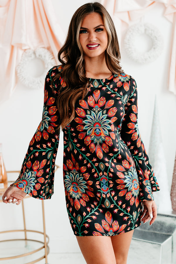 Vintage Vision Printed Bell Sleeve Mini Dress (Black) - NanaMacs