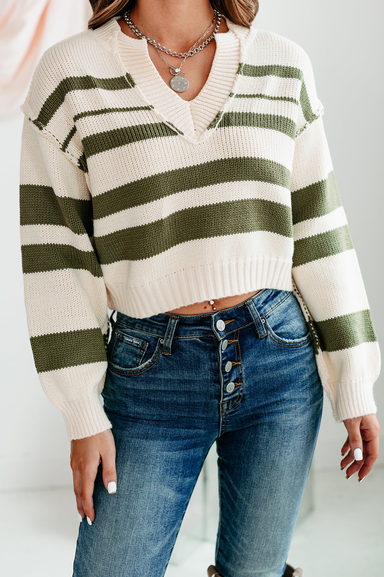 Agreeable Attitude Striped Cropped Sweater (Olive) - NanaMacs
