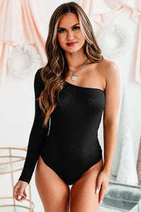 Opportunity Knocking Ribbed One Shoulder Bodysuit (Black) - NanaMacs