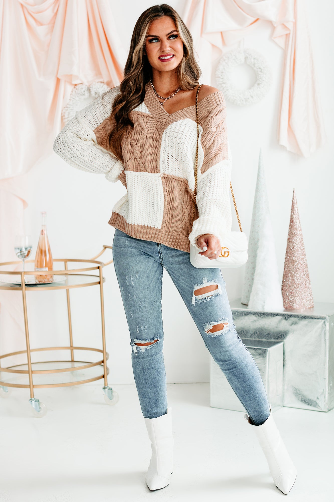 Patchwork Promise Two-Tone Patch Work Sweater (Cream/Taupe) - NanaMacs