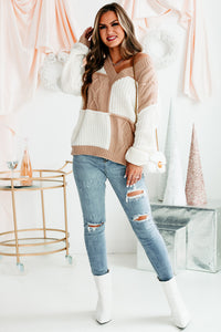 Patchwork Promise Two-Tone Patch Work Sweater (Cream/Taupe) - NanaMacs