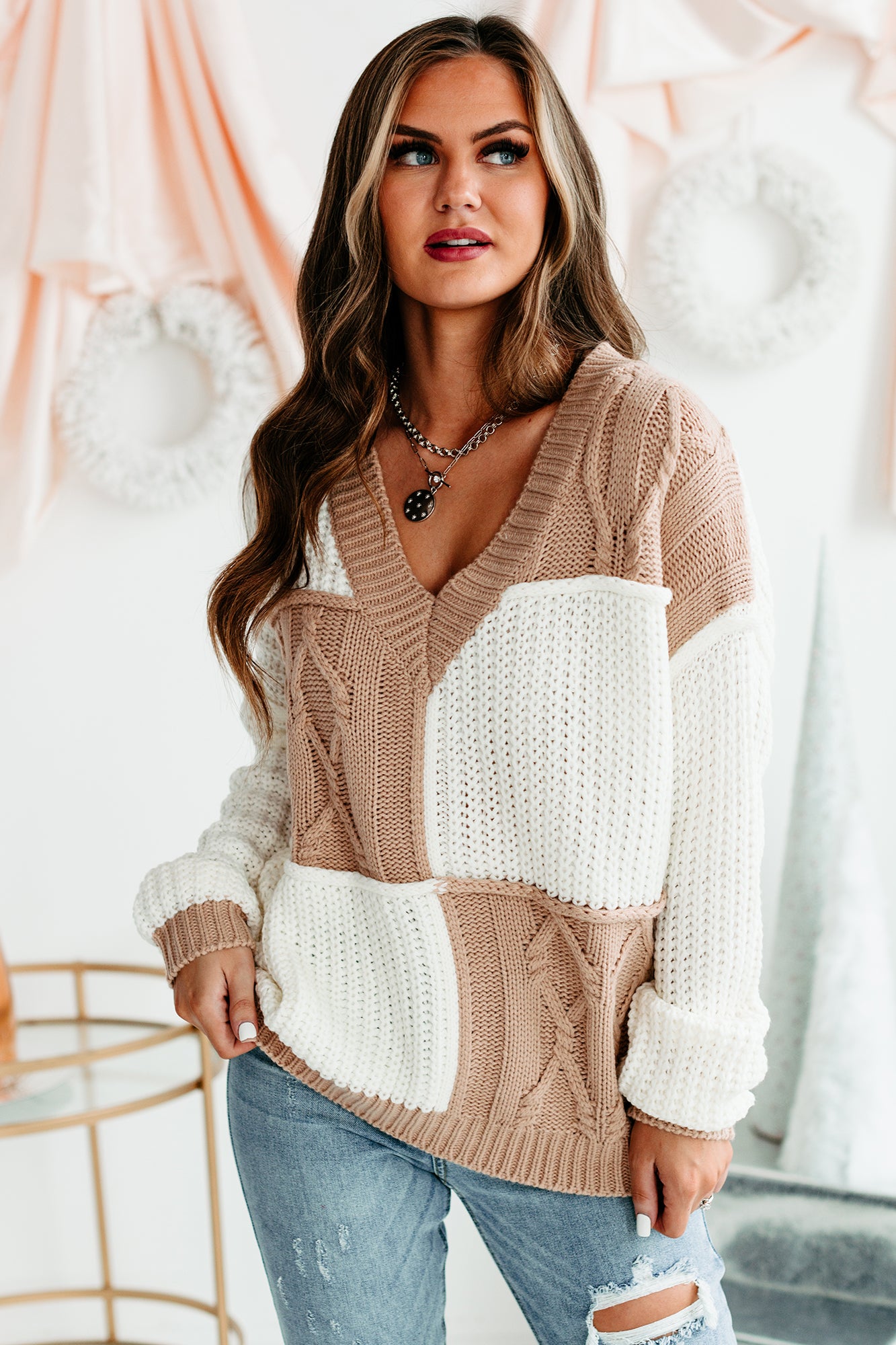 Patchwork Promise Two-Tone Patch Work Sweater (Cream/Taupe) - NanaMacs
