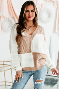 Patchwork Promise Two-Tone Patch Work Sweater (Cream/Taupe) - NanaMacs