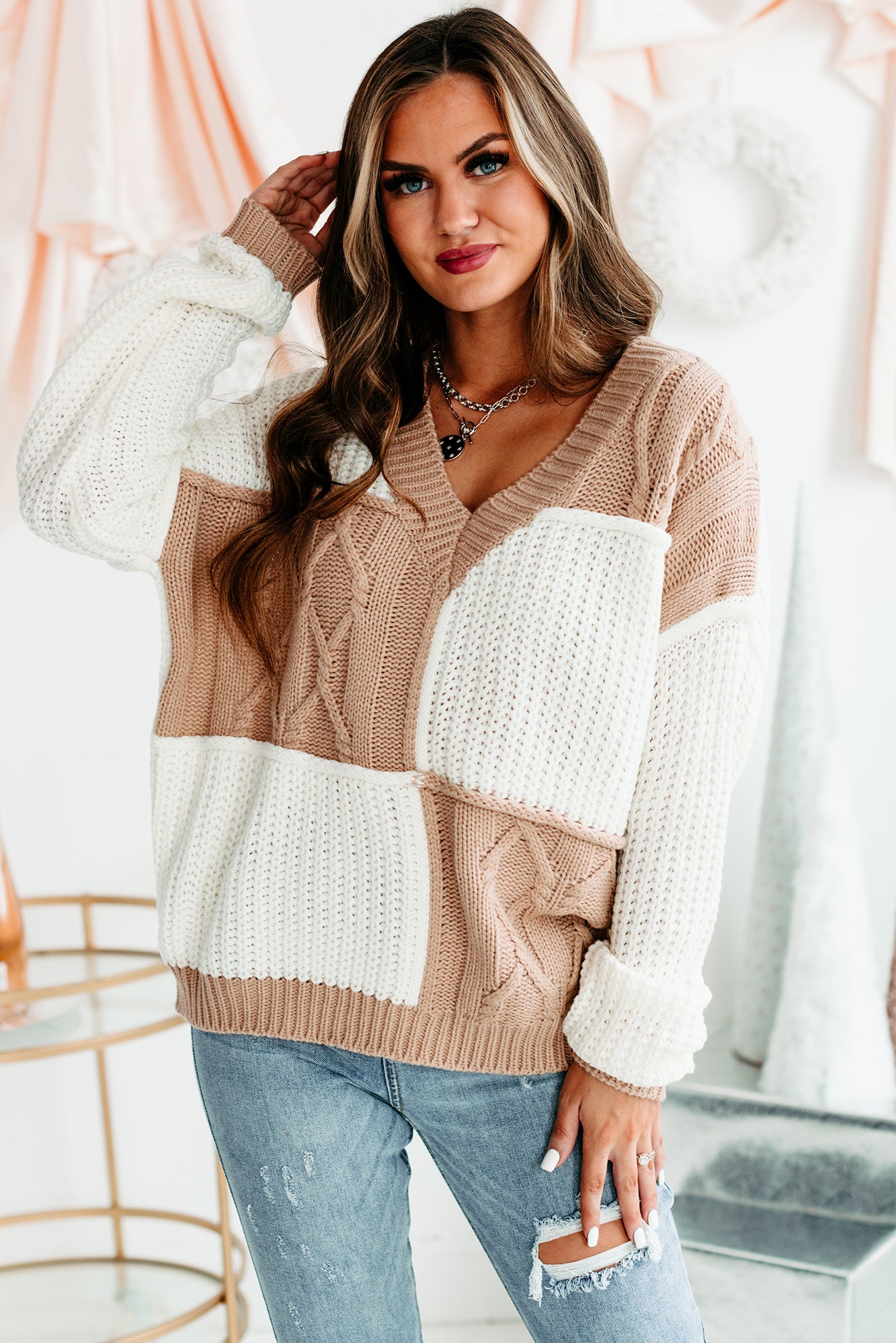 Patchwork Promise Two-Tone Patch Work Sweater (Cream/Taupe) - NanaMacs