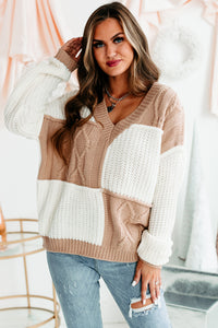 Patchwork Promise Two-Tone Patch Work Sweater (Cream/Taupe) - NanaMacs