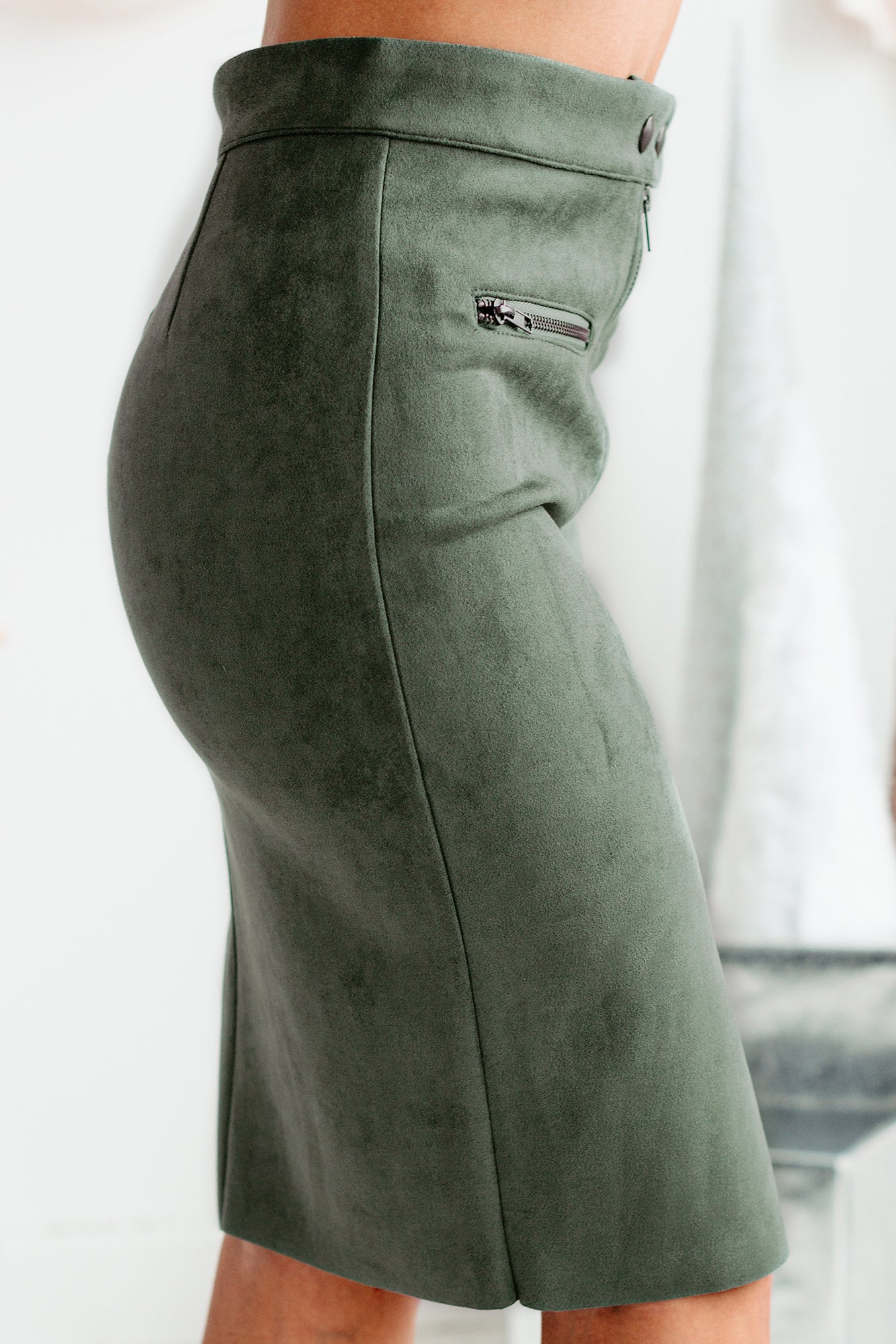 Zip Me Up Faux Suede Zipper Detailed Midi Skirt (Washed Green) - NanaMacs
