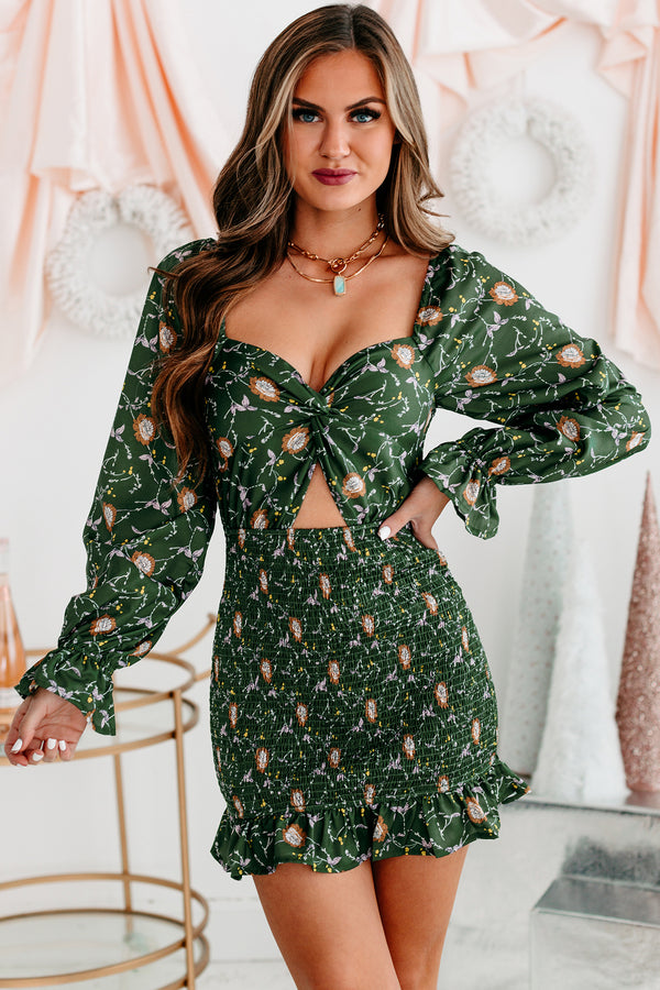 Garden Storm Floral Cut-Out Mini Dress (Hunter Green) - NanaMacs