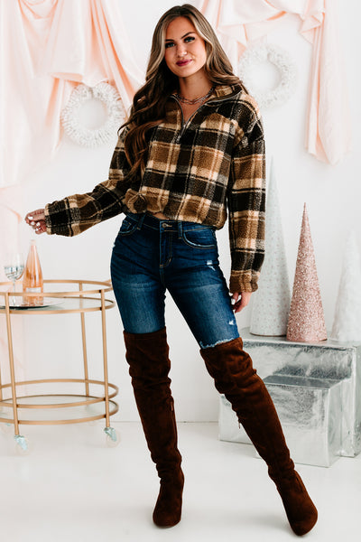 Live Your Truth Plaid Quarter-Zip Pullover (Brown) - NanaMacs