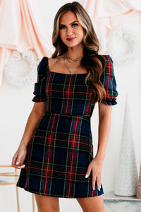 Plaid The Halls Short Sleeve Plaid Mini Dress (Navy/Red) - NanaMacs