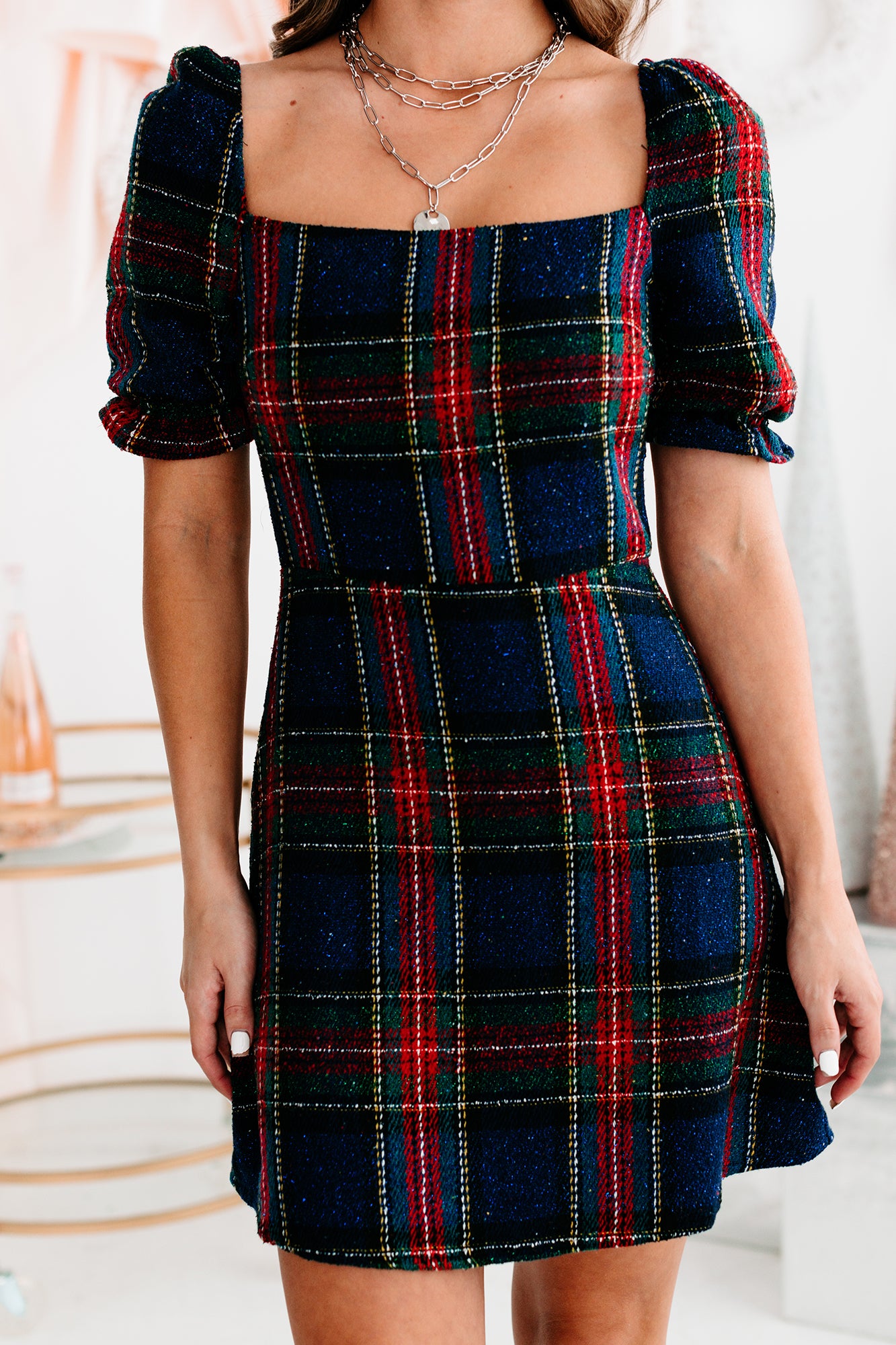 Plaid The Halls Short Sleeve Plaid Mini Dress (Navy/Red) - NanaMacs