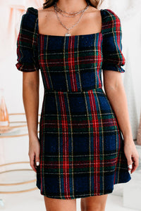 Plaid The Halls Short Sleeve Plaid Mini Dress (Navy/Red) - NanaMacs