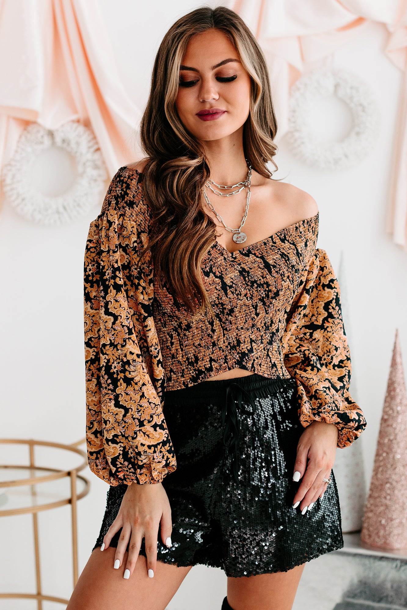 Paisley Me Crazy Smocked Off The Shoulder Crop Top (Black) - NanaMacs