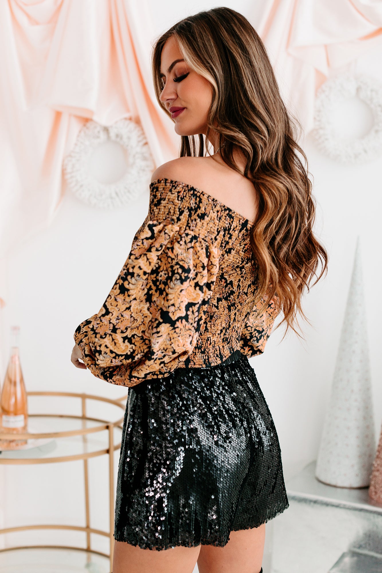 Paisley Me Crazy Smocked Off The Shoulder Crop Top (Black) - NanaMacs