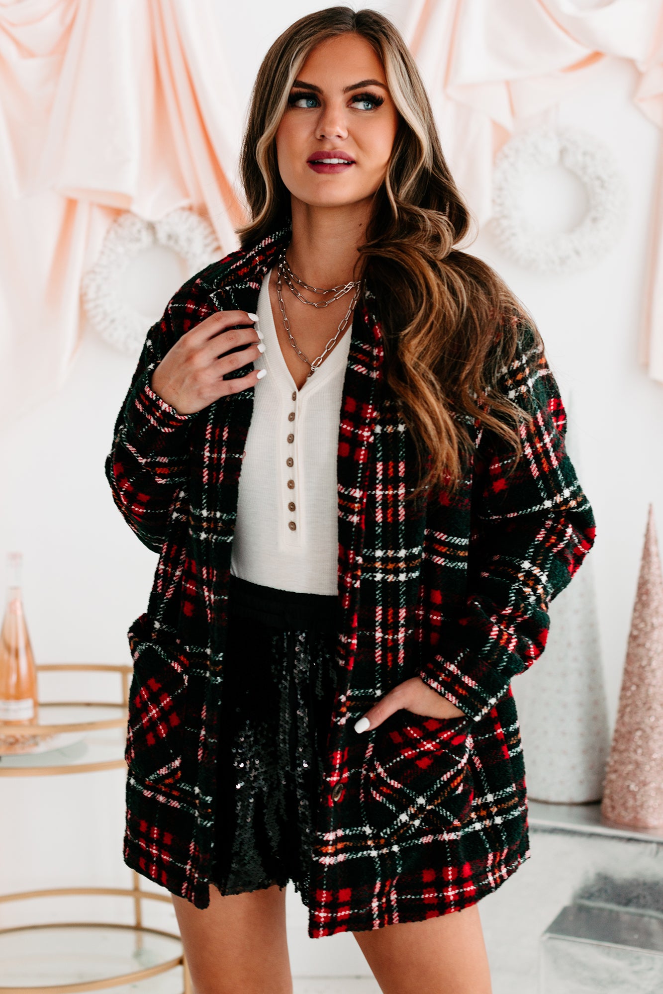 Downtown Strolls Oversized Textured Plaid Coat (Red Check) - NanaMacs