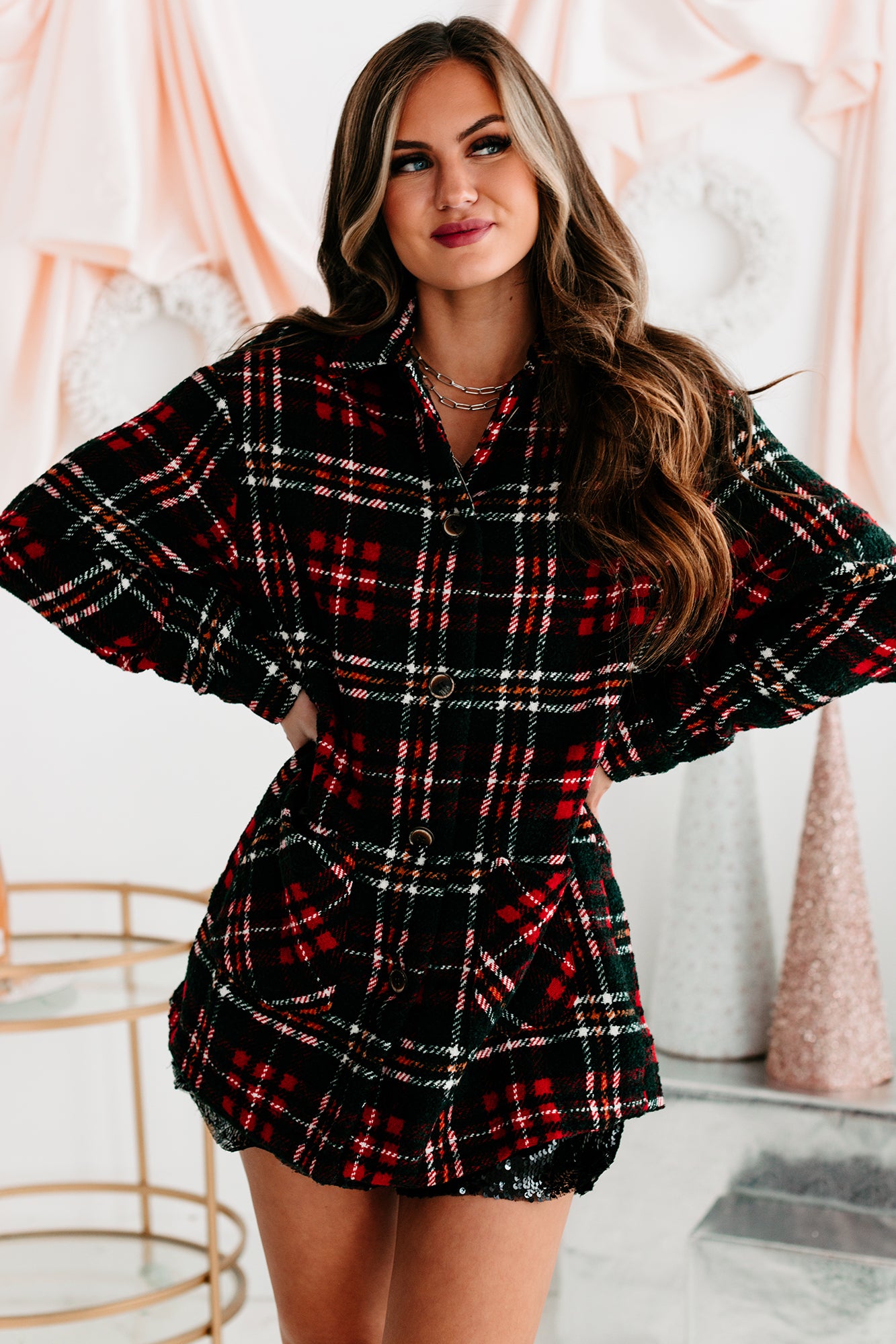 Downtown Strolls Oversized Textured Plaid Coat (Red Check) - NanaMacs