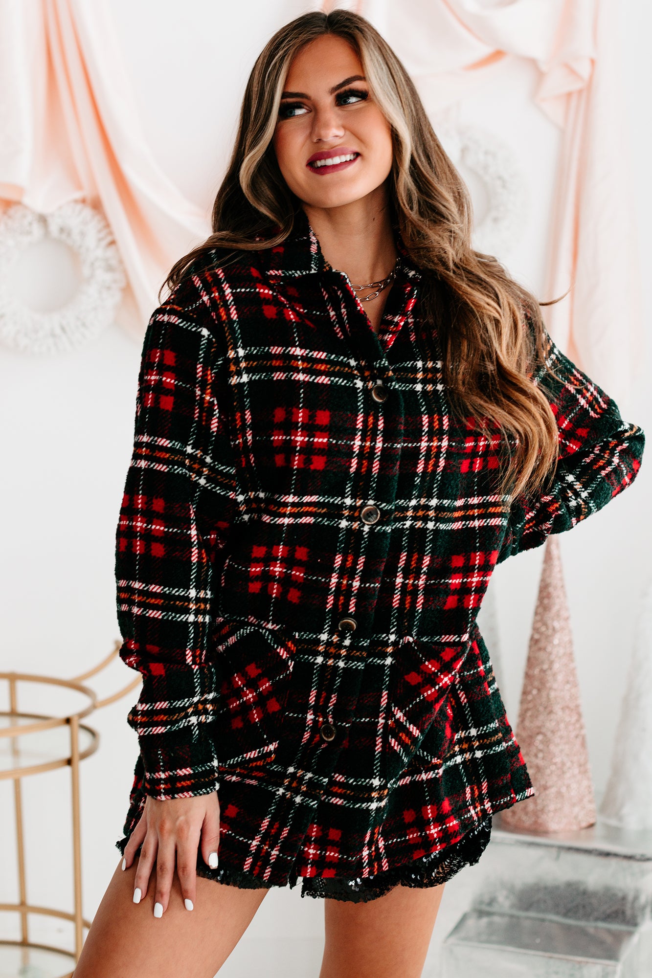 Downtown Strolls Oversized Textured Plaid Coat (Red Check) - NanaMacs