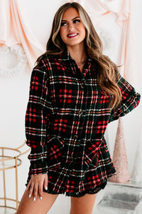 Downtown Strolls Oversized Textured Plaid Coat (Red Check) - NanaMacs