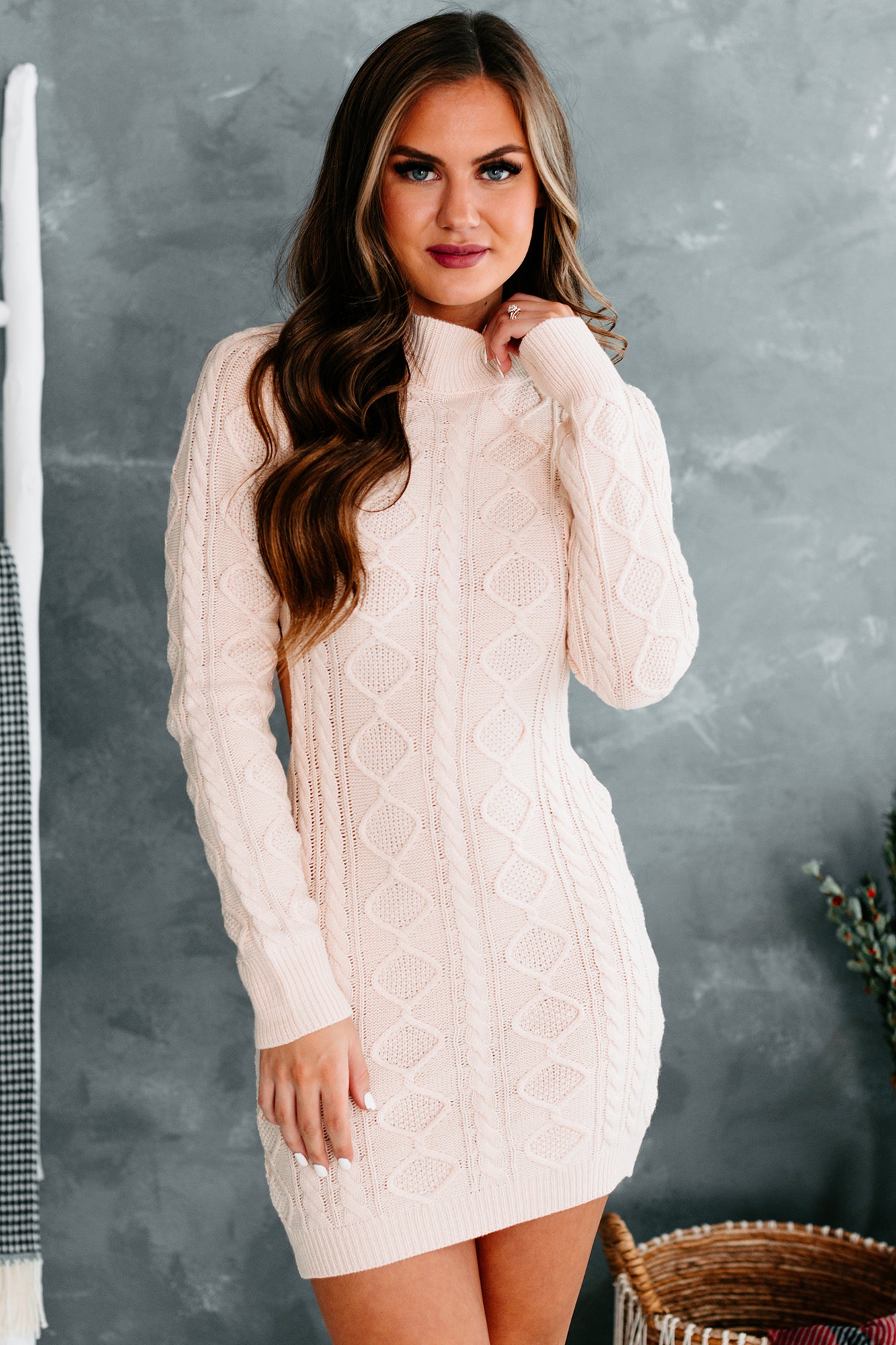 Knitting Me Crazy Cable Knit Open Back Sweater Dress (Nude) - NanaMacs