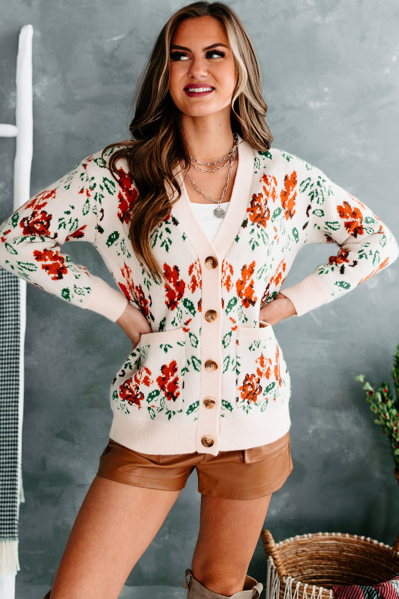 Elmira Floral Knit Button-Front Cardigan (Cream) - NanaMacs