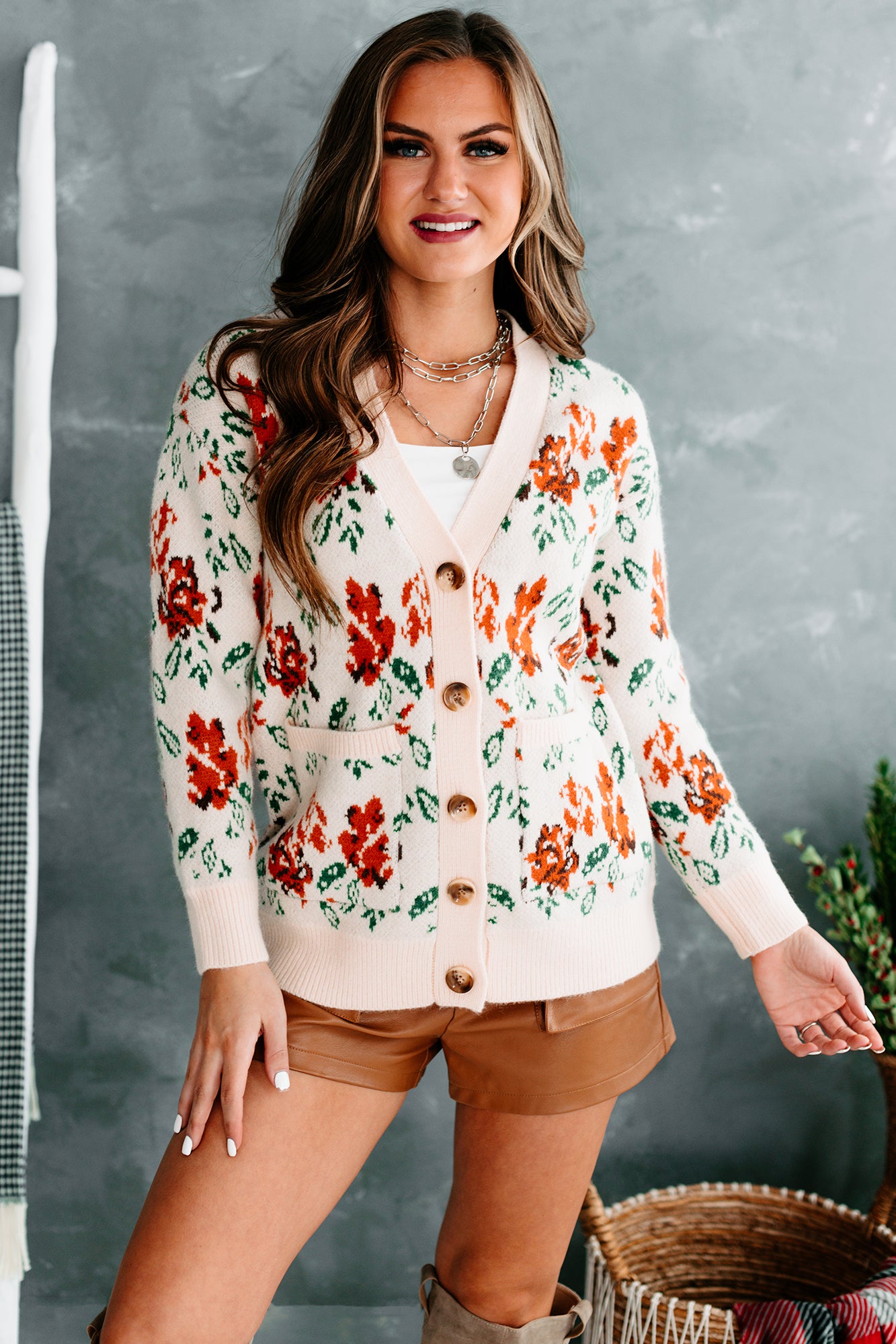 Elmira Floral Knit Button-Front Cardigan (Cream) - NanaMacs