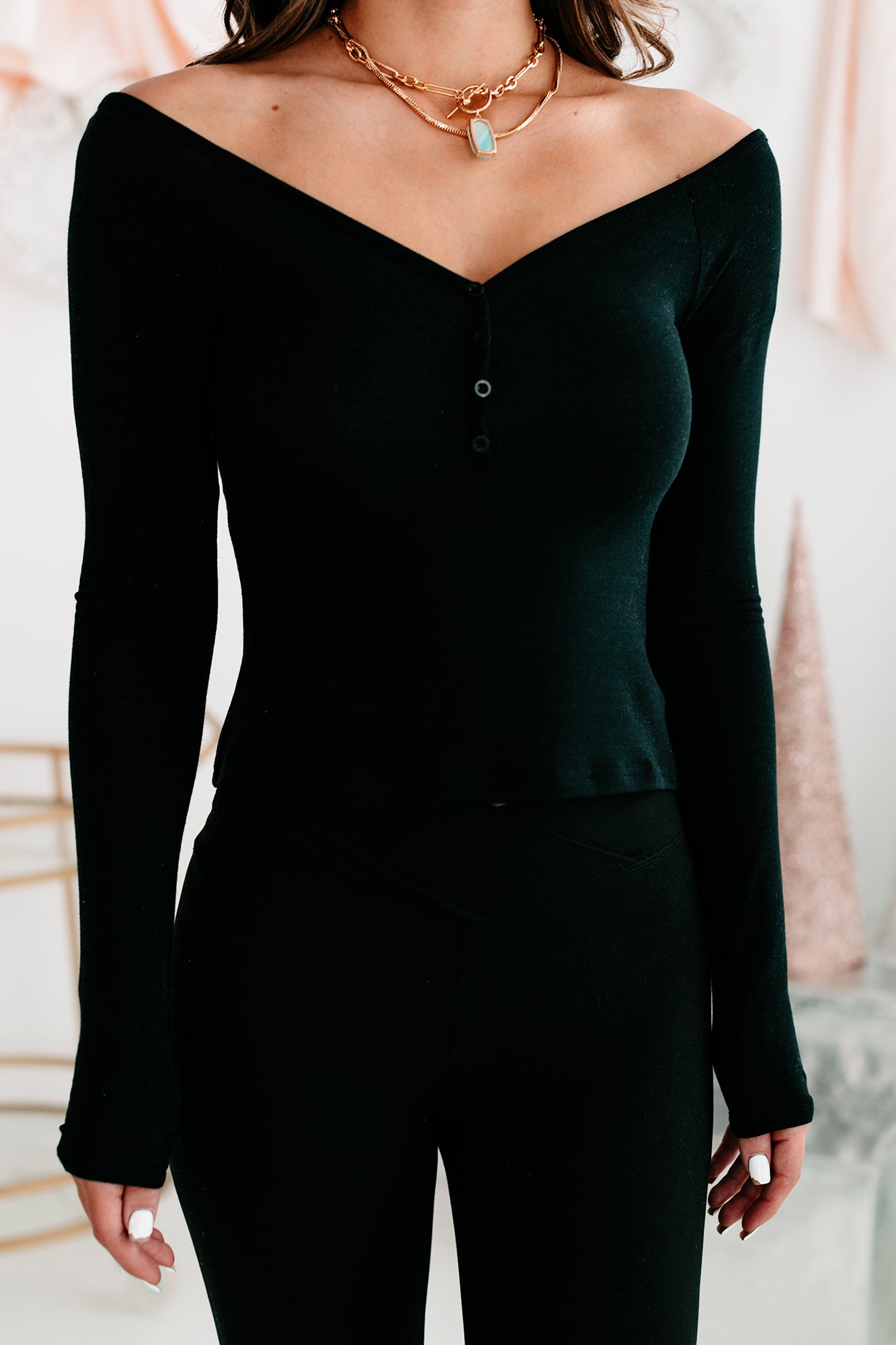 Sabela Button Detailed Long Sleeve Crop Top (Black) - NanaMacs