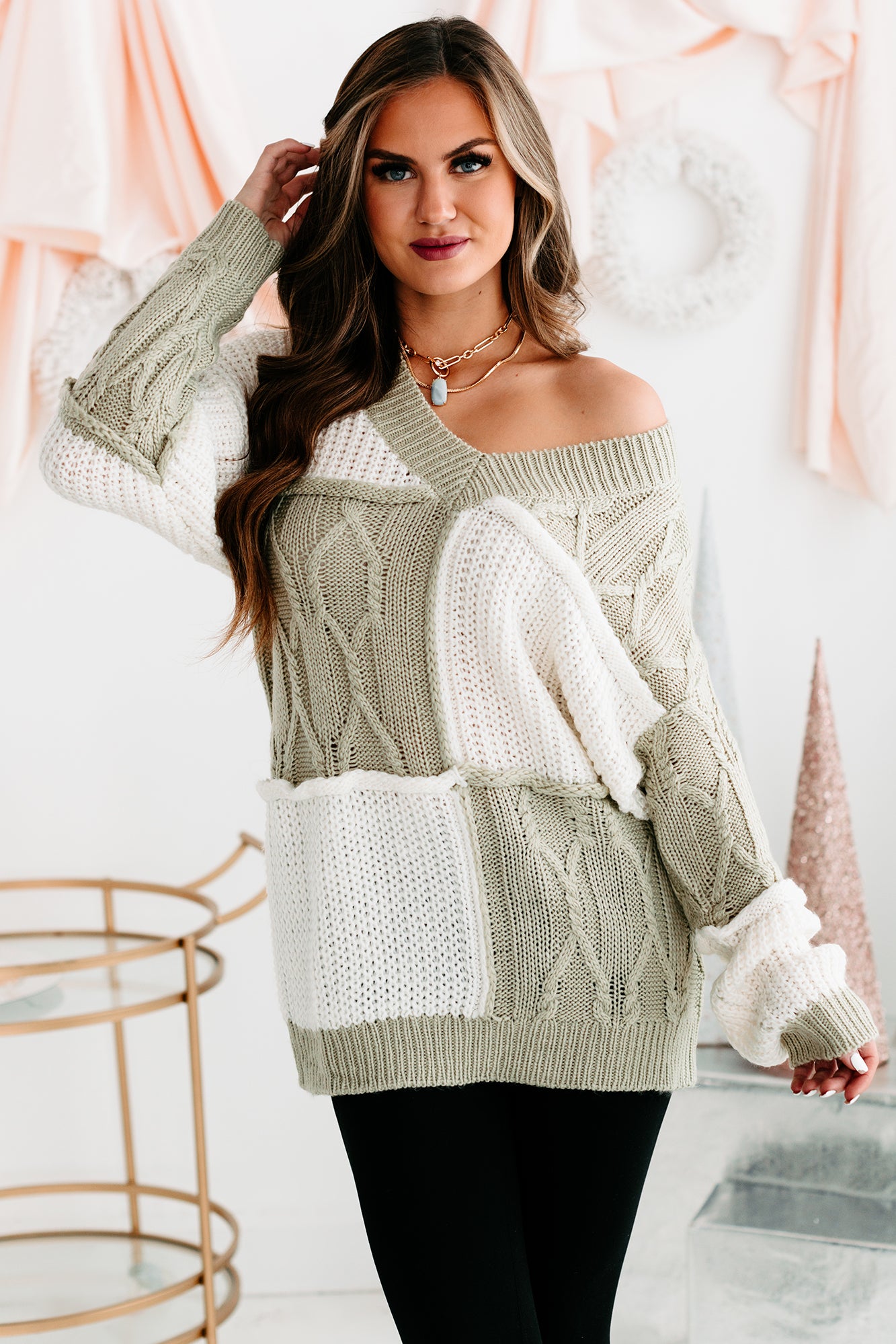 Dreamy In Patchwork Oversized Tunic Patchwork Sweater (Sage/Cream) - NanaMacs