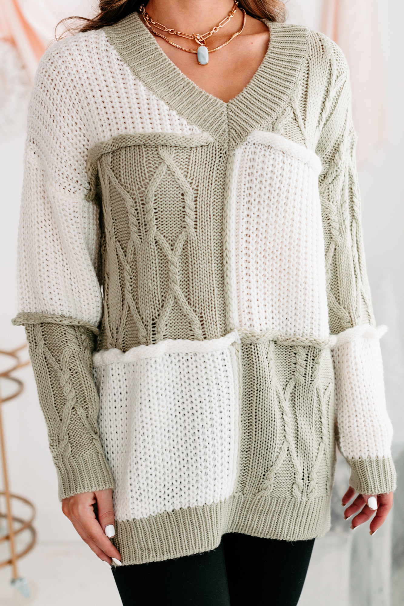 Dreamy In Patchwork Oversized Tunic Patchwork Sweater (Sage/Cream) - NanaMacs